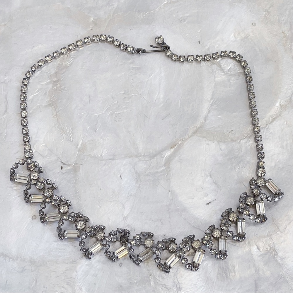 Vintage Silver Tone Baguette Round Rhinestone Collar Necklace Glam Wedding